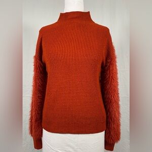 Madison Grey Red Mock Neck Sweater with Faux Fur Shaggy Sleeves - Small